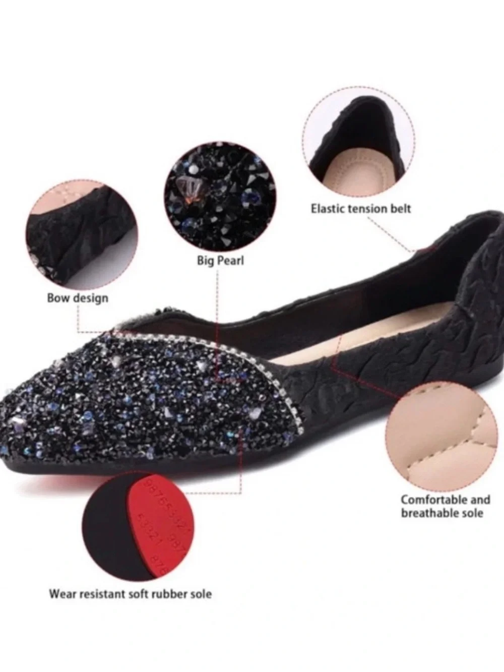 Sequin-Embellished Black Ballet Flats with Blue Sparkle